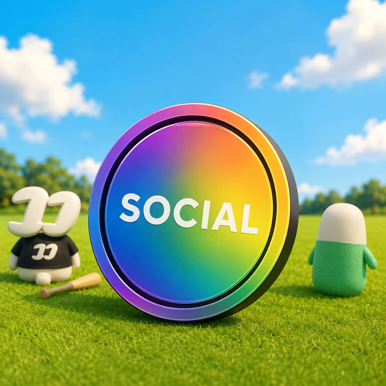Rainbow $SOCIAL coin standing in a sunny grass field